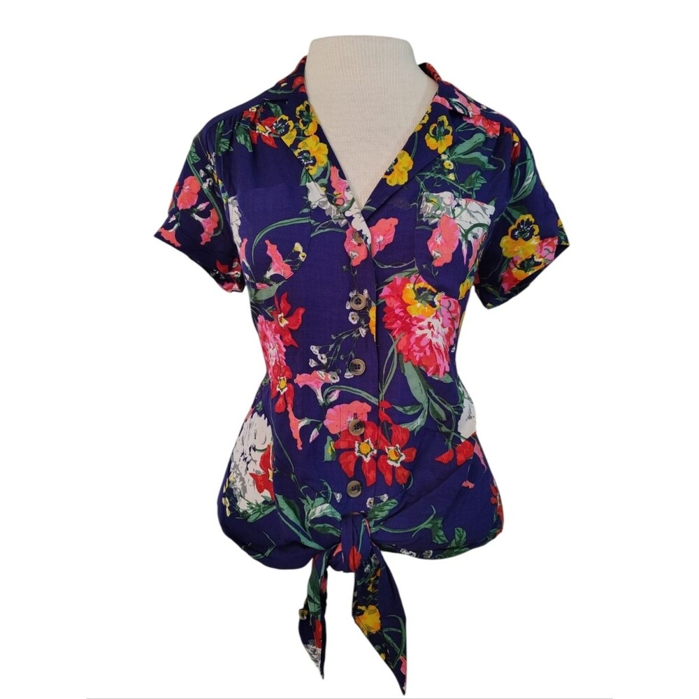 Anthropologie Maeve Bandeau Hawaiian Floral Button Down Tie Blouse Summer Size 4